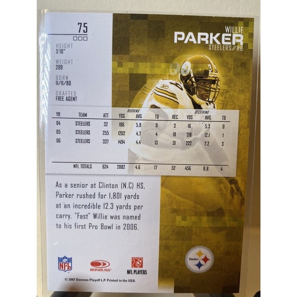 2007 Leaf Rookies & Stars #75 Willie Parker Pittsburgh Steelers NFL Trading Card - Picture 2 of 2